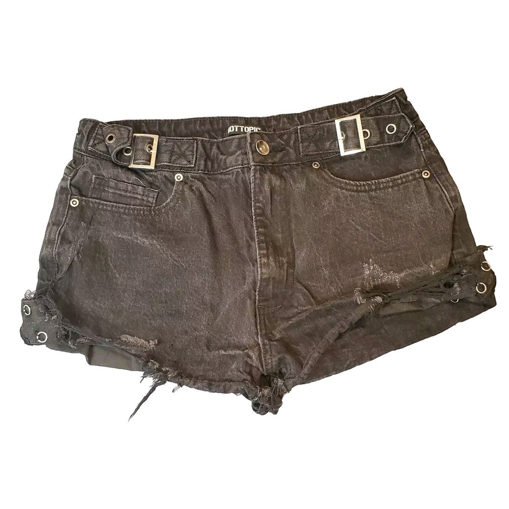 Hot Topic Black Denim Cut Off Shorts JUNIORS Size 5 Buckles,‎ Silver Ring Detail